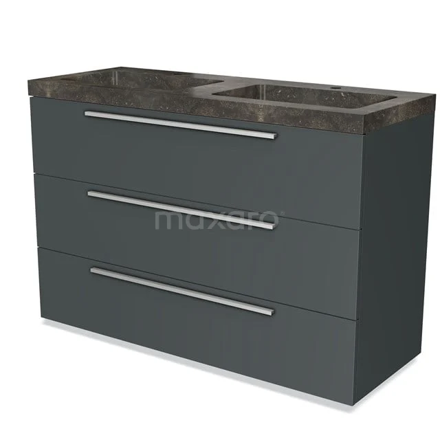 Dunkelgraue Badmöbelset mit Natursteine Waschbecken, drei Schubladen und modernen silberfarbenen Griffen.