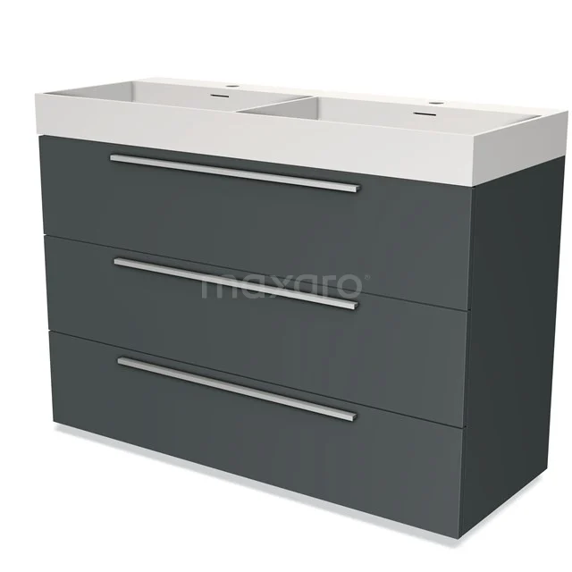 Dark grey Bathroom unit with white double basin, three drawers and sleek metal handles.