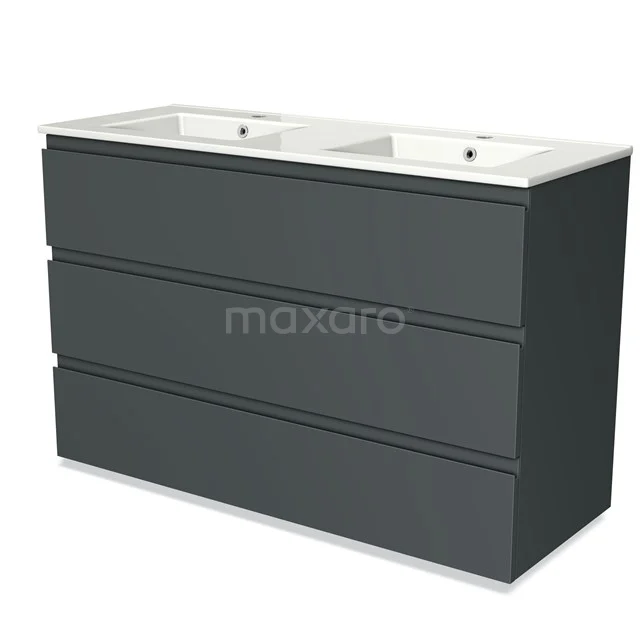 Grey double basin with drawers, modern bathroom unit made of wood, sleek design for optimal storage space.