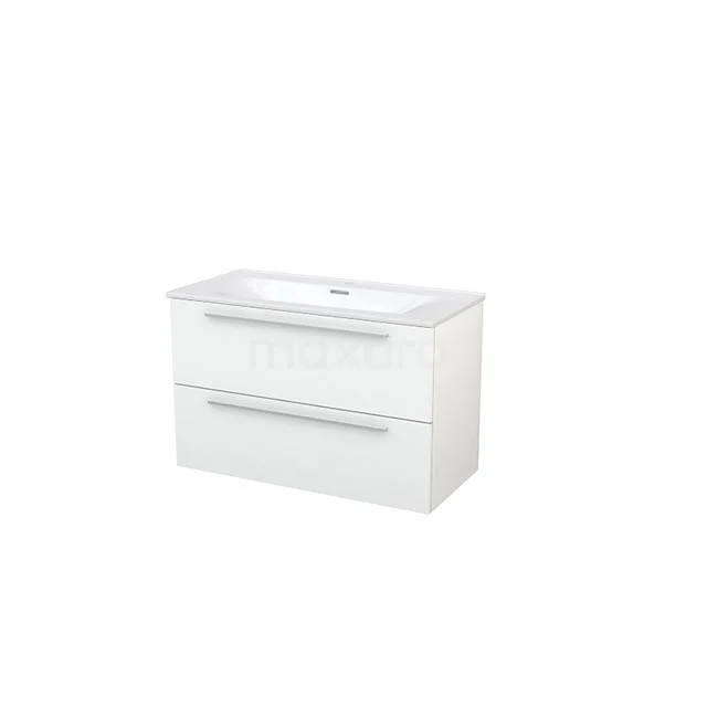 White bathroom unit with two drawers, modern design, chrome handles and ceramic basin, perfect for a sleek bathroom.