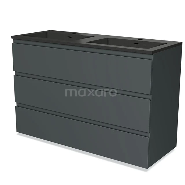 Dark double basin bathroom furniture set with matt grey design, sleek drawer cabinets and integrated basins.