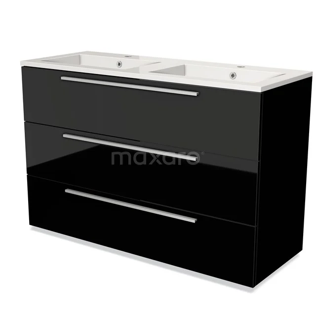 Black glossy bathroom unit with double basin, three drawers and modern design, ideal for a stylish bathroom.
