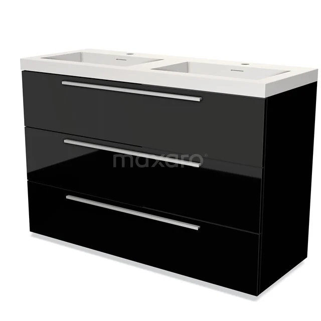 Schwarze Badmöbelset mit Doppelwaschbecken, glänzender Oberfläche, modernem Erscheinungsbild und geräumigen Schubladen.