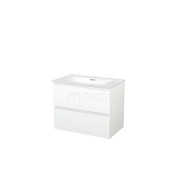 Modulo+ Bathroom furniture with sink | 80 cm Matte white Handle-less front Ceramic 2 Stacked drawers BMP004796 White bathroom unit with two drawers, sleek design and integrated vanity units with basin, ideal for modern bathrooms.