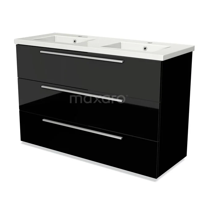 Modulo Waschtische | 120 cm Hochglanz Schwarz Flach front Keramik 3 Schubladen BMW19-01371 Schwarze Badmöbelset mit doppeltem weißen Waschbecken, stilvolles Design, Hochglanz-Oberfläche und geräumigem Aufbewahrungsmöbel.