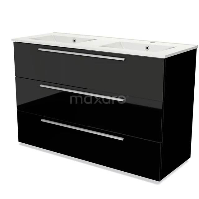 Black glossy bathroom cabinet with double basin, three spacious drawers and chrome handles; modern design made of high-quality materials.