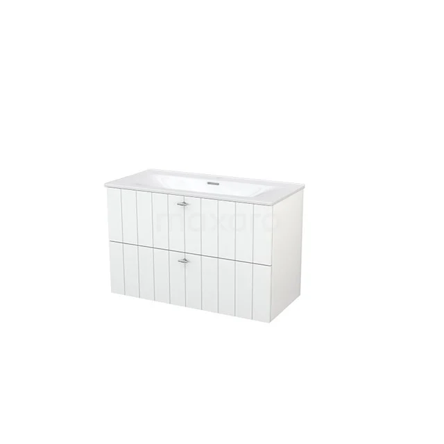 White bathroom unit with double drawers and integrated vanity units with basin, finished in a modern ribbed pattern for a stylish look.