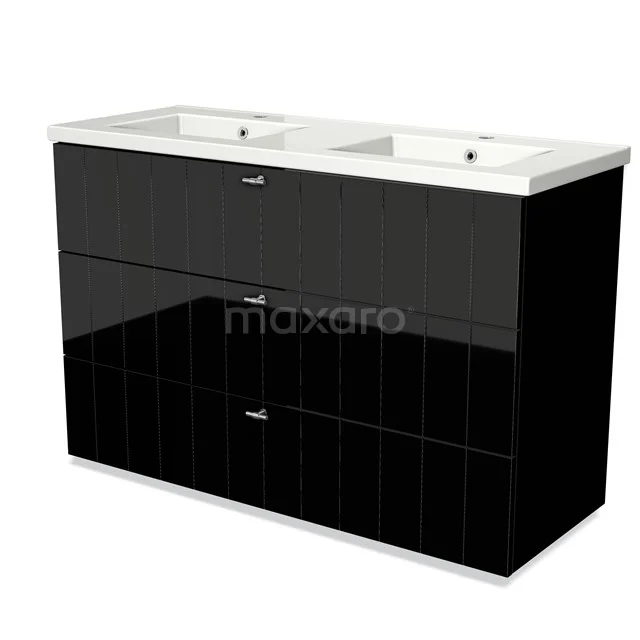 Black double vanity unit with high-gloss finish, two ceramic sinks and spacious drawers for bathroom storage.
