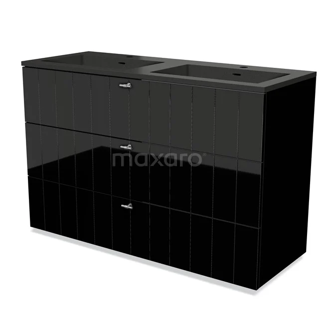 Black double vanity unit with high-gloss finish and clean lines, ideal for a modern bathroom style.