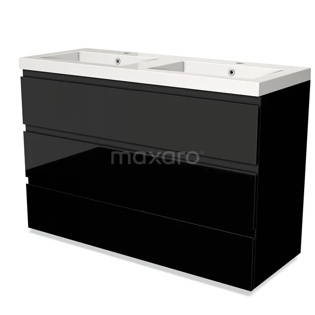 Black glossy bathroom unit with vanity units with basin, sleek design and spacious storage drawers for a modern bathroom.