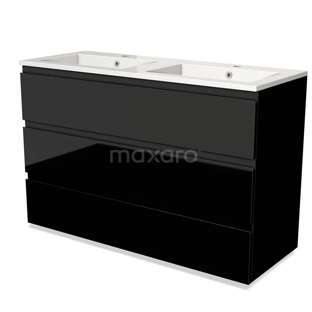 Modulo Waschtische | 120 cm Hochglanz Schwarz Grifflos front Mineralguss 3 Schubladen BMW19-01394 Schwarzes Doppelwaschbecken mit glänzendem Schubladenschrank, perfekt für moderne Badezimmergestaltung.