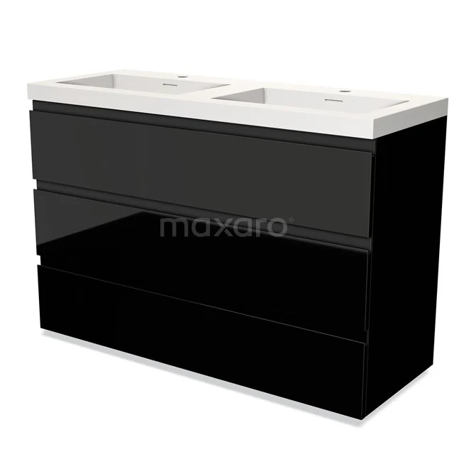 Black bathroom unit with double basin, high-gloss finish and modern design, ideal for spacious bathrooms.