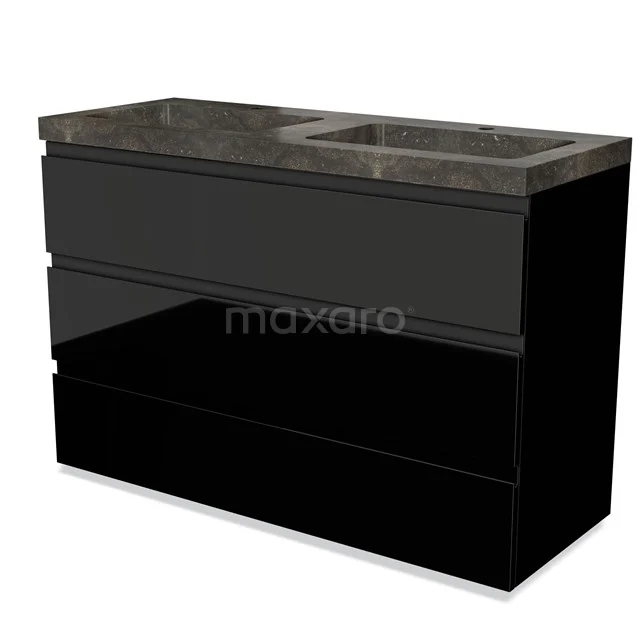 Modulo Badkamermeubel met wastafel | 120 cm Hoogglans zwart Greeploos front Natuursteen 3 lades BMW19-01397