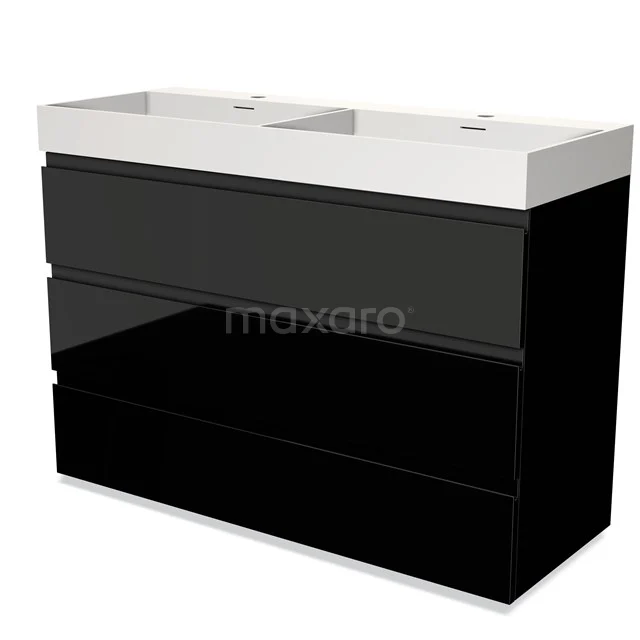 Black bathroom cabinet with double basin, high-gloss finish and sleek modern design for a stylish bathroom experience.