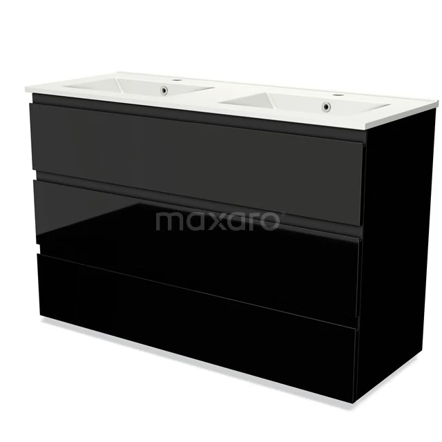 Black double basin base cabinet with glossy finish, three drawers and ceramic basin, ideal for modern bathrooms.