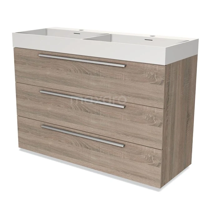 Modulo Waschtische | 120 cm Eiche Flach front Solid Surface 3 Schubladen BMW19-01412 Hölzernes Badezimmermöbel mit 3 Schubladen, modernen Edelstahl Haltegriffen und doppelter weißer Waschtischplatte, ideal für ein stilvolles Badezimmer.