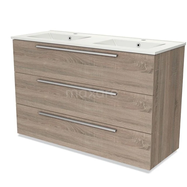 Modulo Waschtische | 120 cm Eiche Flach front Keramik 3 Schubladen BMW19-01416 Holz Badmöbel mit Doppelwaschbecken, drei Schubladen in heller Eiche, modernes Design, ideal für moderne Bäder.