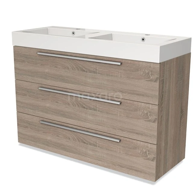 Wooden bathroom unit with three drawers and double white basin, modern design, ideal for stylish bathroom storage.