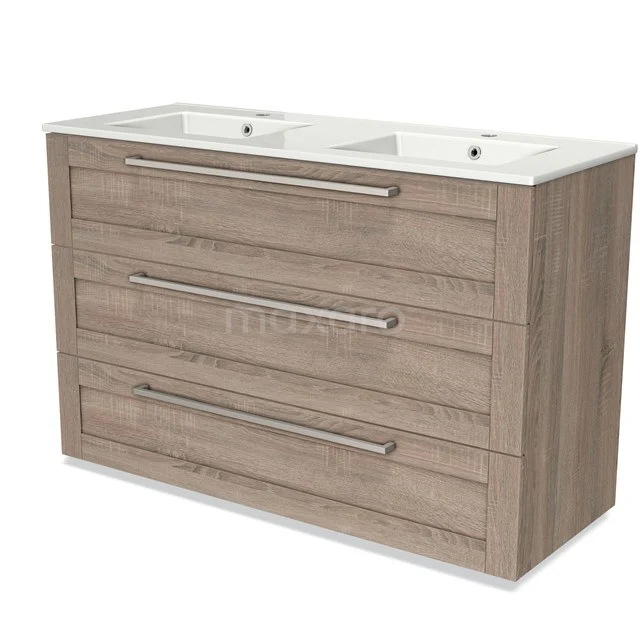 Holz Badezimmermöbel mit Doppelwaschbecken, breiten Schubladen und metallischen Haltegriffen, zeitgemäßes Design in heller Eiche Ausführung.