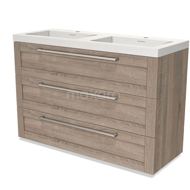 Wooden bathroom unit with double white vanity units with basin, three drawers and metal handles in modern design.