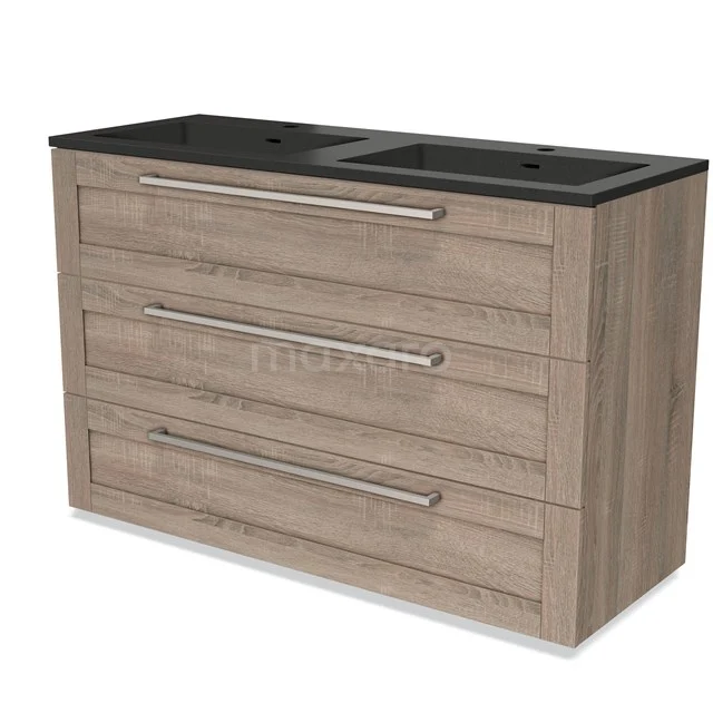 Wooden bathroom unit with vanity units with basin, modern design with black top and three drawers, ideal for luxury bathrooms.