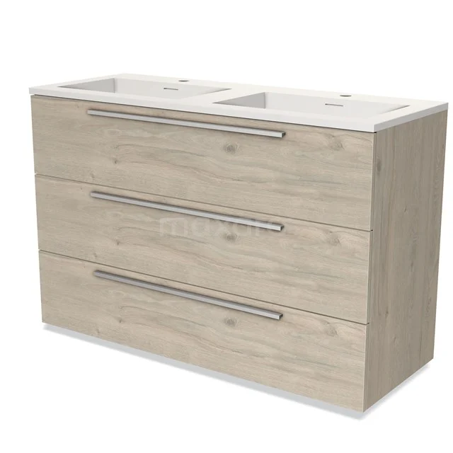 Wooden bathroom unit with three drawers, double basin worktop and metal handles, ideal for a modern bathroom.