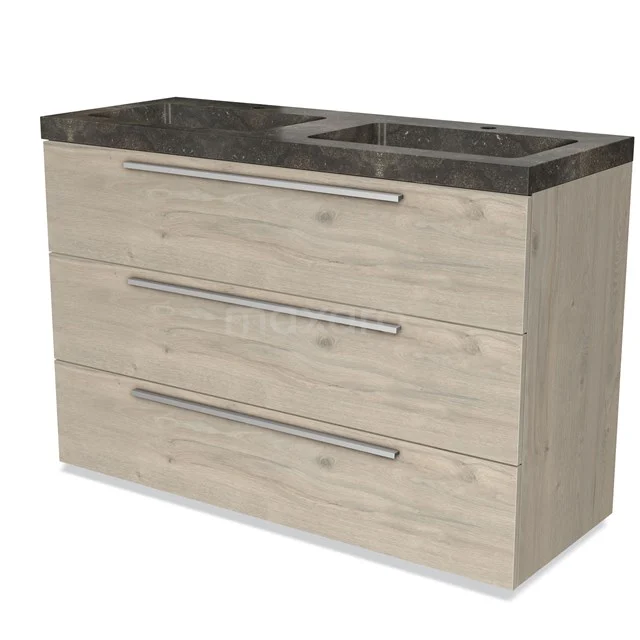 Wooden bathroom unit with natural stone vanity units with basin, three drawers and metal handles, modern design in light oak look.