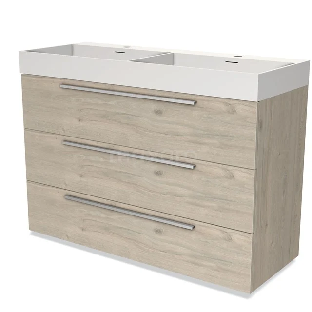 Holz Badezimmermöbel mit Doppelwaschbecken, heller Eiche Optik, drei breite Schubladen und modernen Metallgriffen.