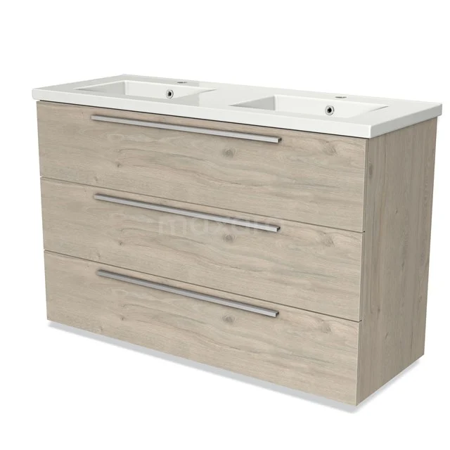 Modulo Waschtische | 120 cm Hellgraue Eiche Flach front Keramik 3 Schubladen BMW19-01441 Hölzernes Badezimmermöbel mit Doppelwaschbecken, drei breiten Schubladen und eleganten Metallhaltegriffen, ideal für großzügige Aufbewahrung.