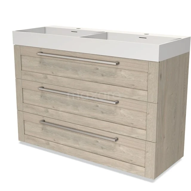 Holz Badezimmermöbel mit Doppelwaschbecken, helle Eiche Farbe, schlichte Schubladen mit metallischen Haltegriffen.