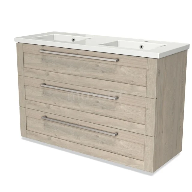 Wooden vanity units with basin, light oak colour, three wide drawers and sleek metal handles.