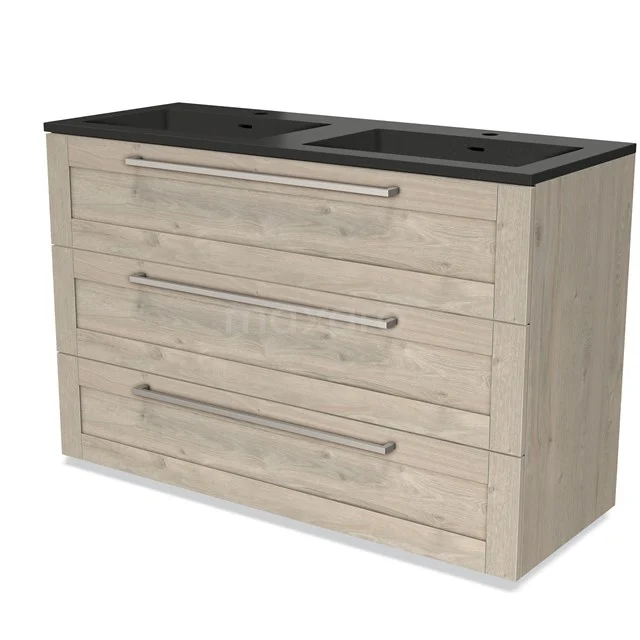 Modulo Bathroom furniture with sink | 120 cm Light grey oak Frame front Quartz 3 drawers BMW19-01456 Wooden bathroom unit with double basin, black worktop and three drawers, modern design ideal for stylish bathroom interiors.