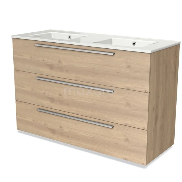 Wooden Bathroom unit with double basin, three drawers and natural wood finish, ideal for a modern bathroom.