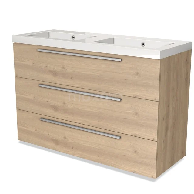 Bathroom unit oak with double basin and three drawers, modern design with metal handles.