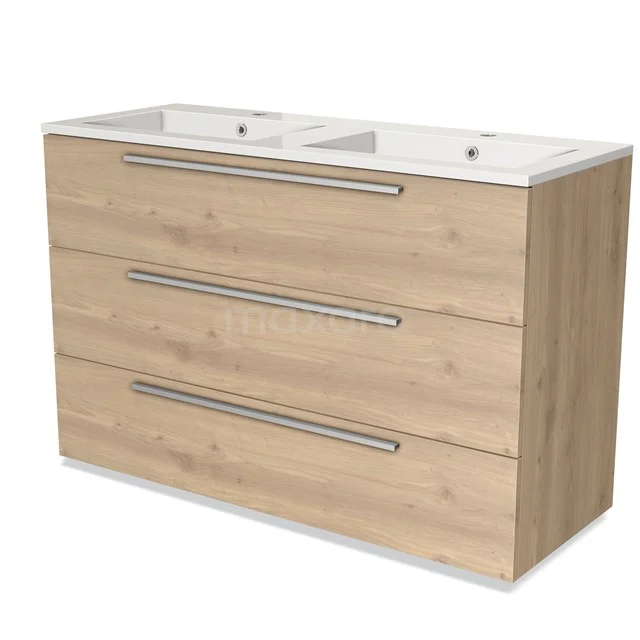 Holz-Badmöbel mit doppelter Waschtischplatte, heller Eichen-Oberfläche und schlichten Metallgriffen, perfekt für moderne Bäder.