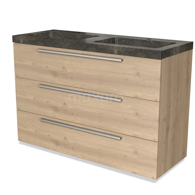 Wooden bathroom unit with three drawers and black marble worktop, suitable for modern bathroom design.