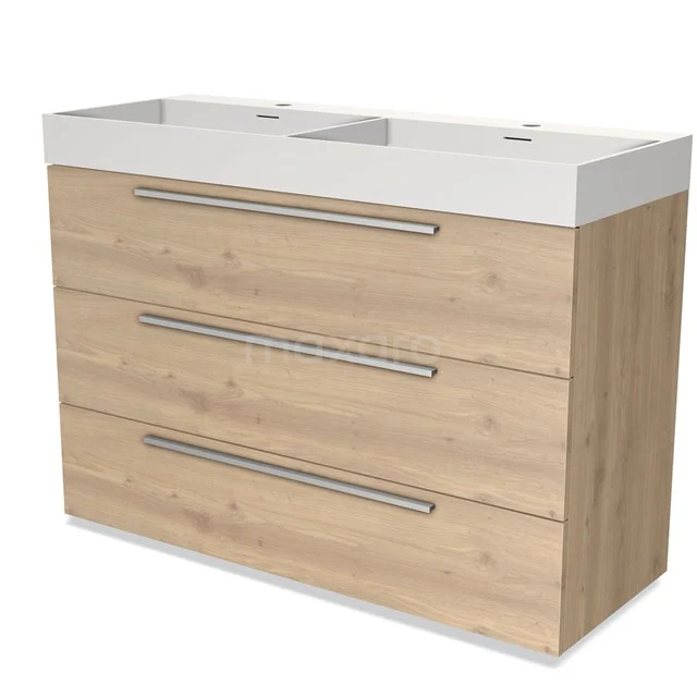 Wooden bathroom unit with double white sink, three drawers and metal handles, ideal for modern bathroom design.