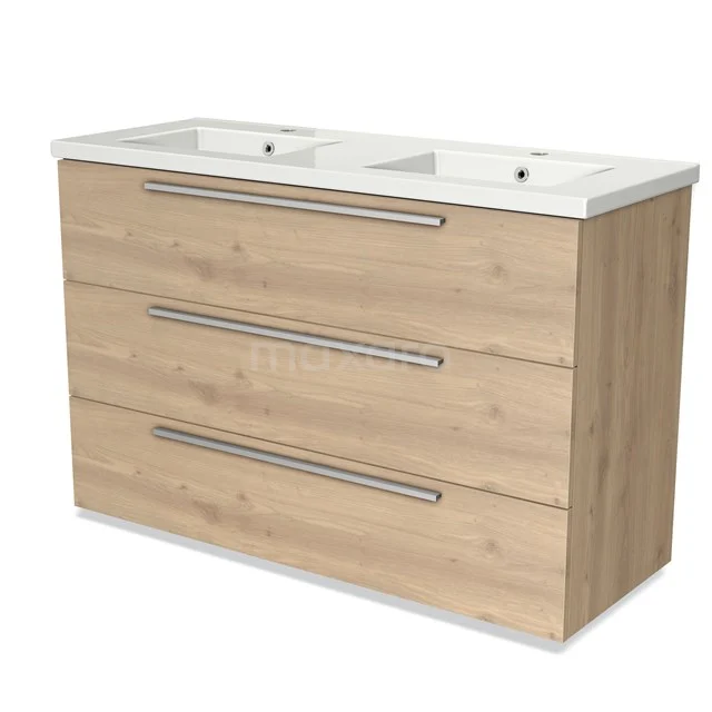 Holz-Badmöbel mit Schubladeneinteilung, Doppelwaschbecken und metallischen Haltegriffen in einem hellen Eichen-Finish.