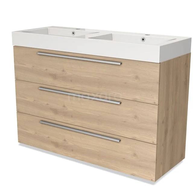 Wooden bathroom unit with vanity units with basin, natural oak look and three drawers, perfect for modern bathrooms.