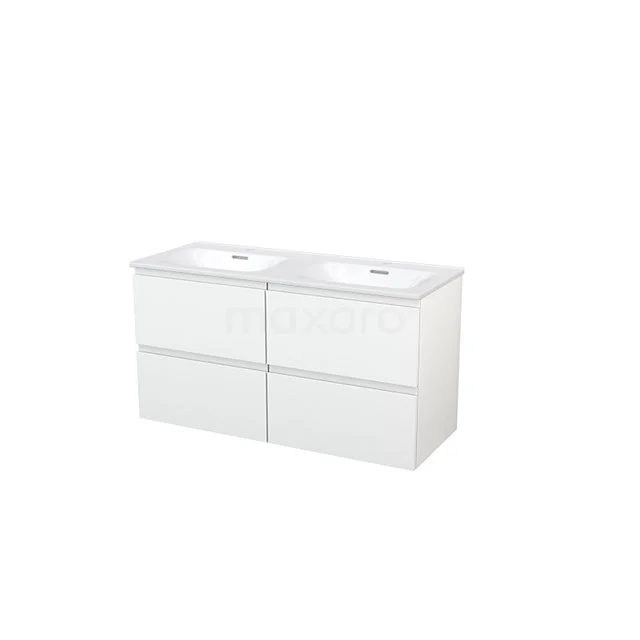 Modulo+ Waschtische | 120 cm Hochglanz Weiß Grifflos front Keramik 4 Schubladen BMP004807 Weißes Badezimmermöbel mit Doppelwaschbecken, schlichte Verarbeitung und geräumigen Schubladen, ideal für moderne Bäder.