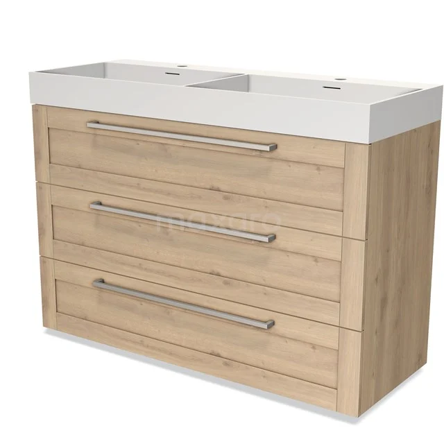 Holz Badezimmermöbel mit Doppelwaschbecken, heller Eiche Optik, Softclose Schubladen und modernen Metallgriffen.