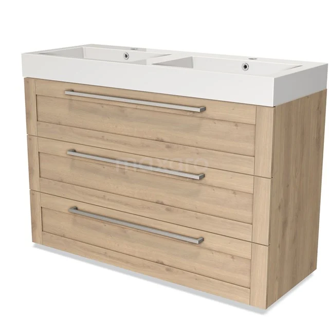 Modulo Vanity units with basin | 120 cm Light brown oak Frame front Mineral marble 3 drawers BMW19-01487 Wooden bathroom unit with double basin, modern drawer handles and natural finish, ideal for a stylish bathroom.