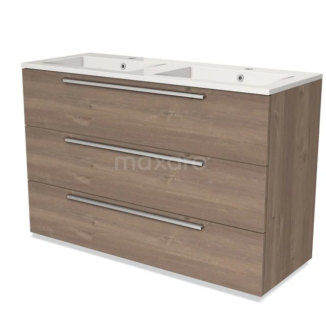 Wooden vanity units with double basin, three drawers and stainless steel handles, modern design for bathroom fittings.