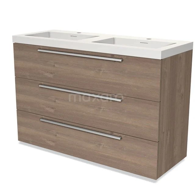 Wooden bathroom unit with double basin, three wide drawers and chrome handles, ideal for modern bathrooms.
