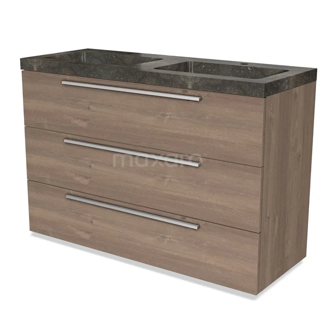 Wooden bathroom unit with three drawers, black marble basin worktop and modern metal handles.