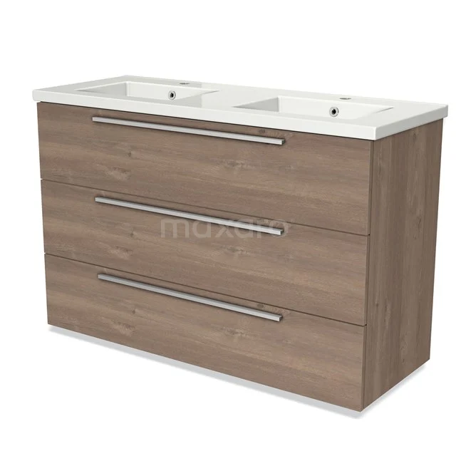 Modulo Vanity units with basin | 120 cm Mid brown oak Flat front Ceramic 3 drawers BMW19-01497 Wooden bathroom unit with double basin, chest of drawers and modern handles, ideal for stylish bathroom design.
