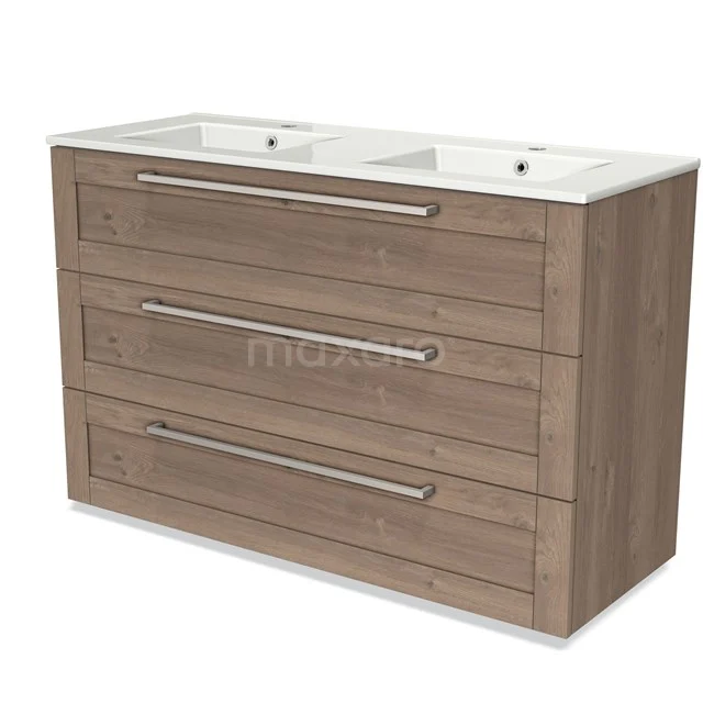 Oak bathroom unit with double basin, three spacious drawers and a modern design for a stylish bathroom.