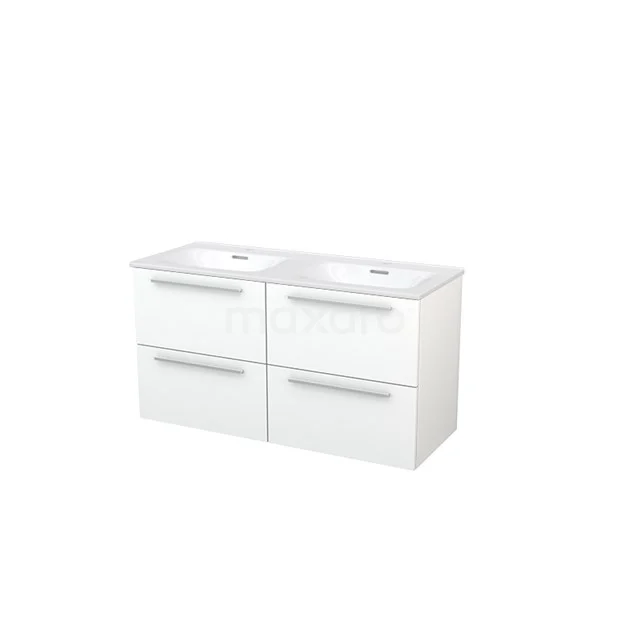 White double vanity unit with sleek design, four drawers and chrome handles, perfect as a modern bathroom solution.
