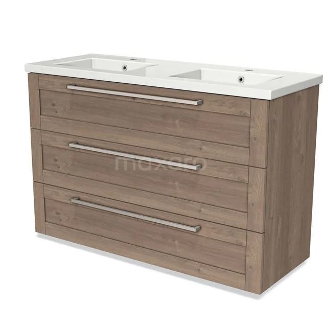 Modulo Vanity units with basin | 120 cm Mid brown oak Frame front Ceramic 3 drawers BMW19-01511 Wooden bathroom unit with double basin, three wide drawers and sleek handles, ideal for modern bathrooms.