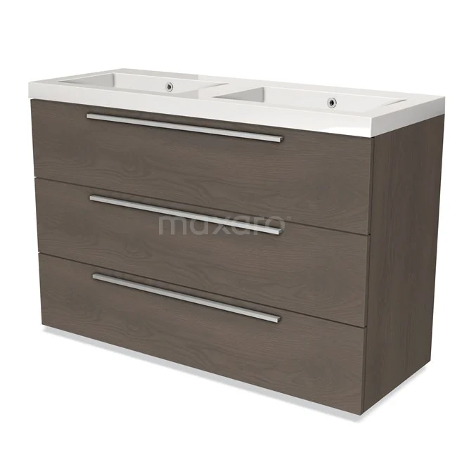 Wooden bathroom unit with double basin, 3 drawers and modern stainless steel handles, ideal for a spacious bathroom.